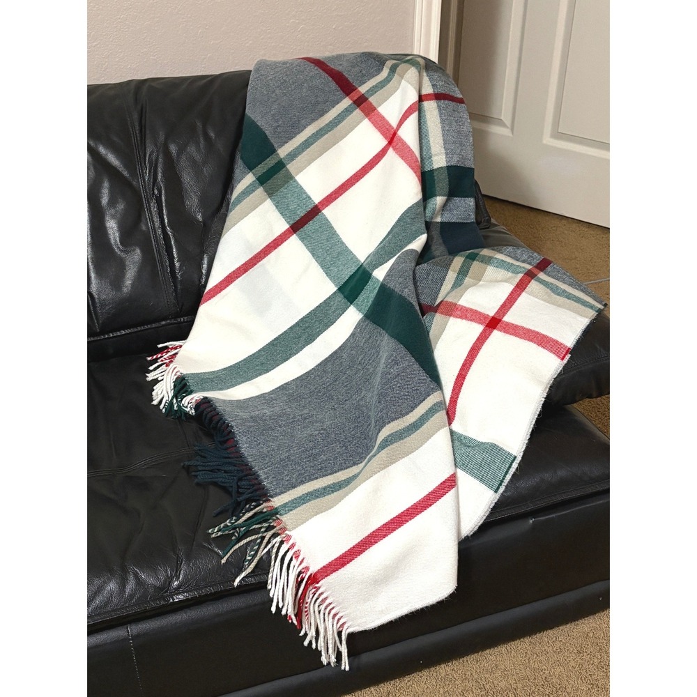 J.Crew Plaid Blanket Scarf Oversize Grey Green Red Fringe Acrylic 46x64 Holidays